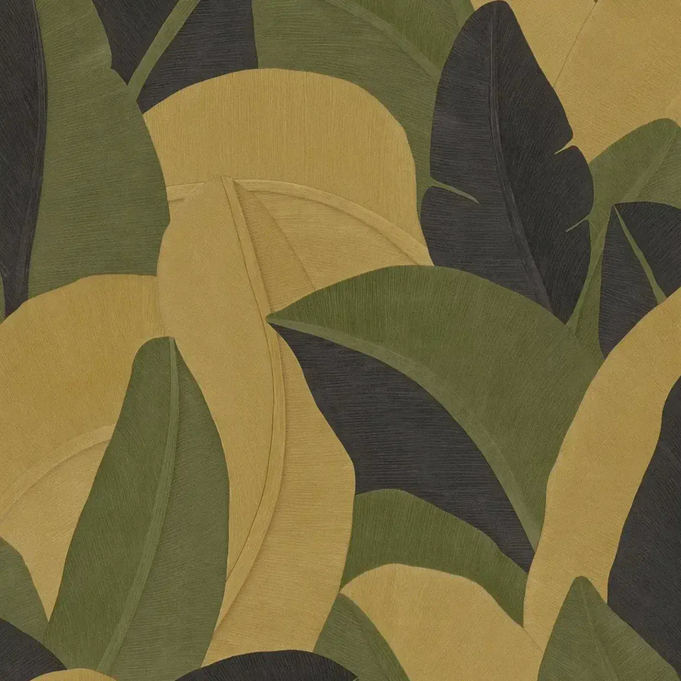 Tuvplāns: dzeltenas, zaļas un melnas tapetes ar abstraktu lapu reljefu. SKU: 3007567, AS Creation.