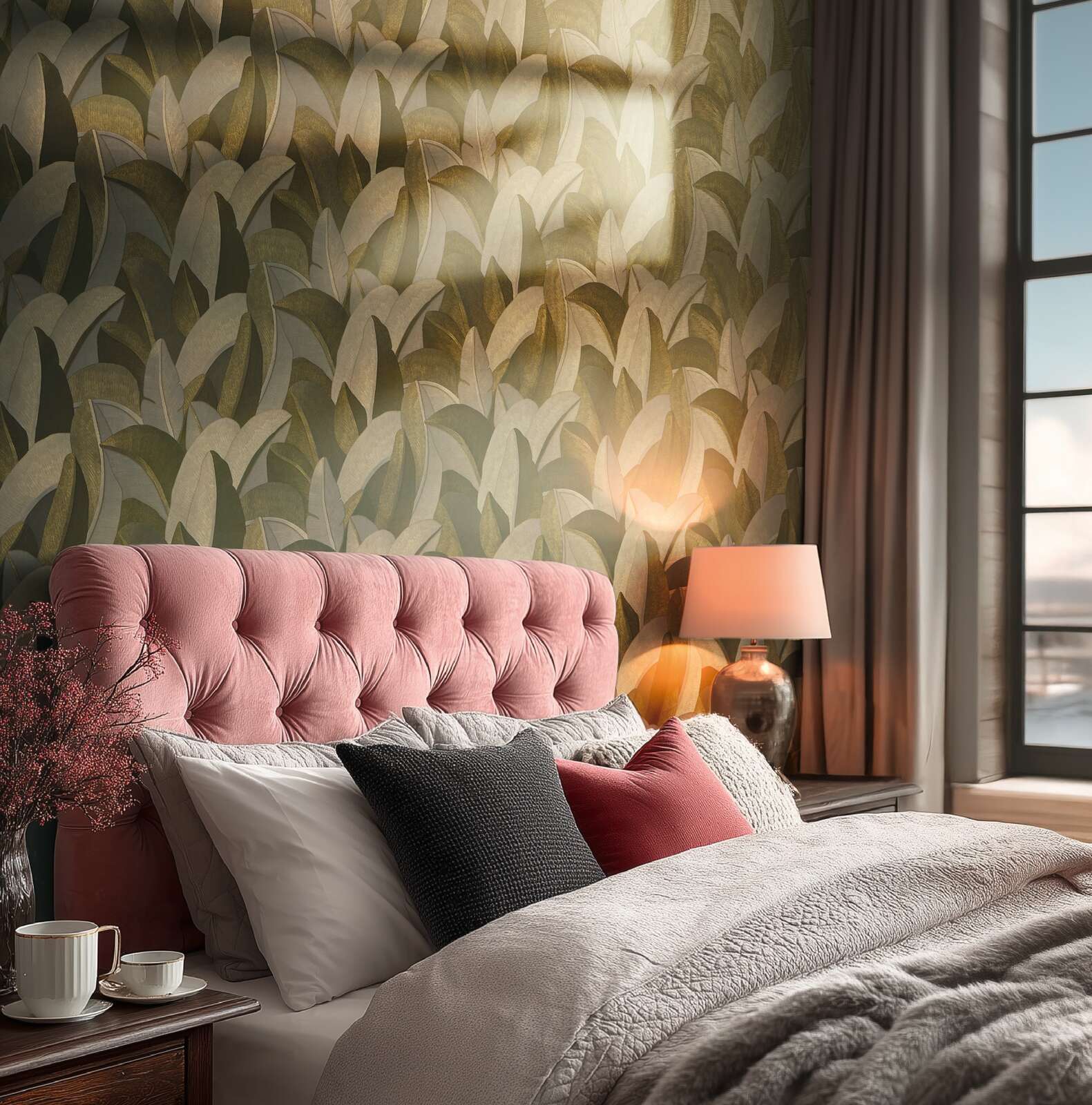 Dizaina tapetes bēšos un brūnos toņos ar stilizētām lapām mājīgā viesistabā. SKU: 3007570, AS Creation.