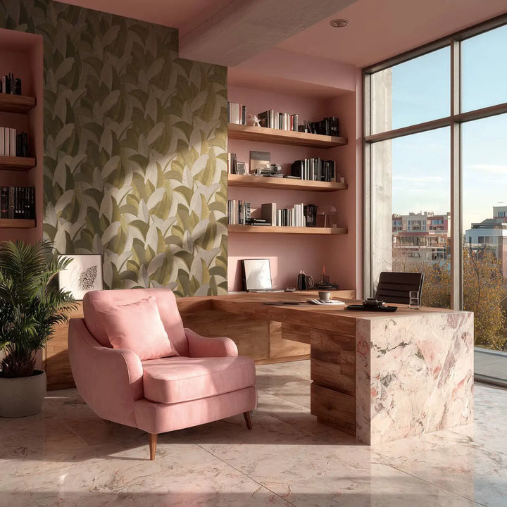 Teksturētas tapetes ar abstraktu lapu dizainu - zaļa, bēša, pelēka  AS Creation