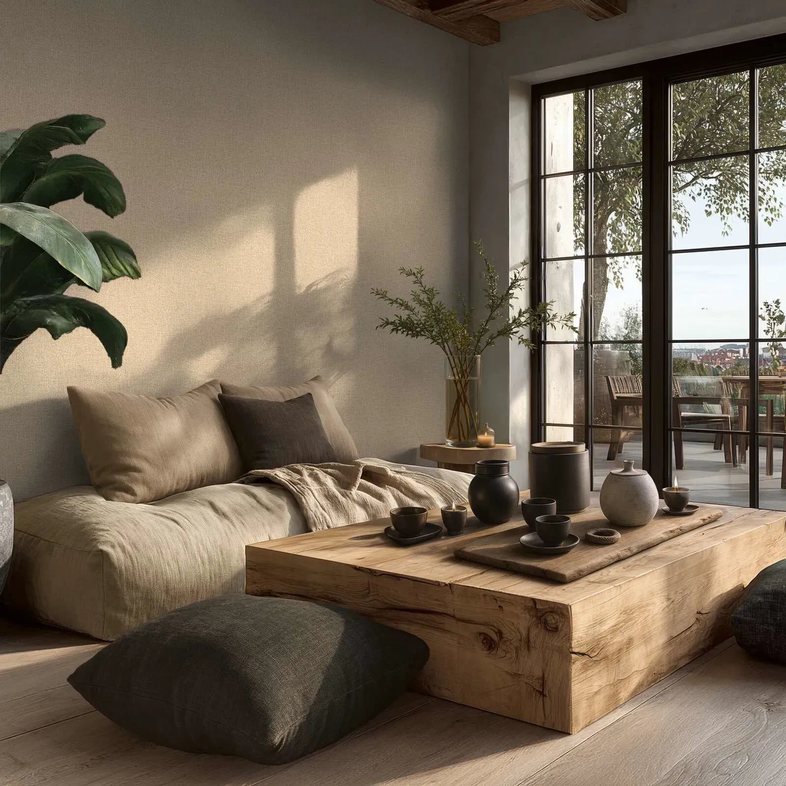 Bēšas teksturētas tapetes ar tekstilveida faktūru harmoniskā viesistabas dizainā. SKU: 3011126, AS Creation.