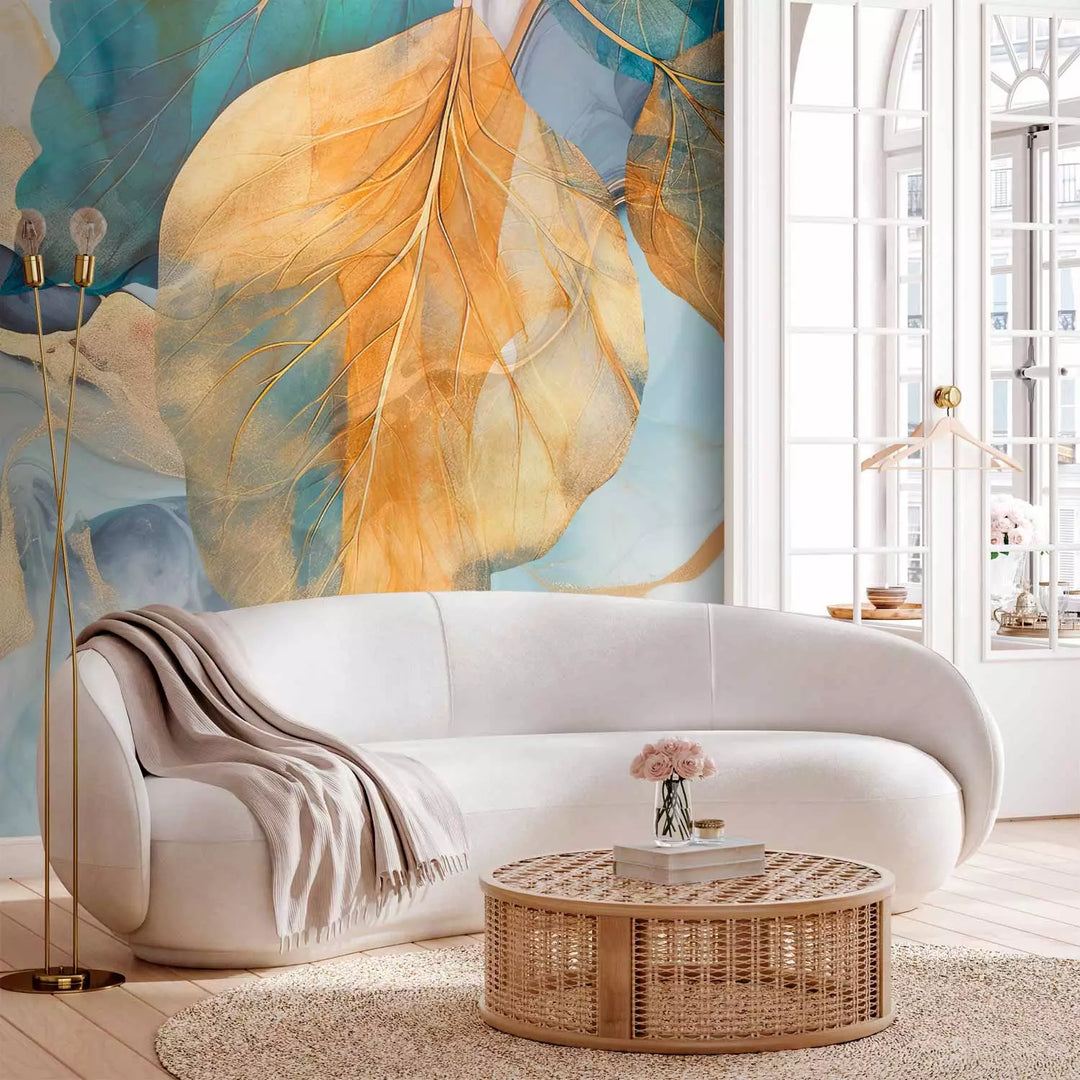 Fototapetes - Oranžas un tirkīza lapas uz miglaina fona, 151907