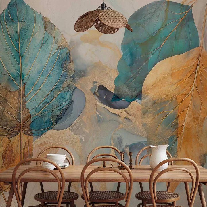 Fototapetes - Oranžas un tirkīza lapas uz miglaina fona, 151907