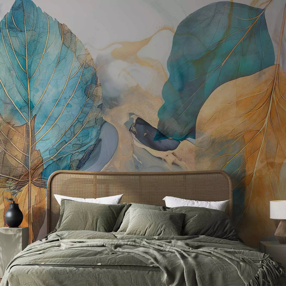 Fototapetes - Oranžas un tirkīza lapas uz miglaina fona, 151907