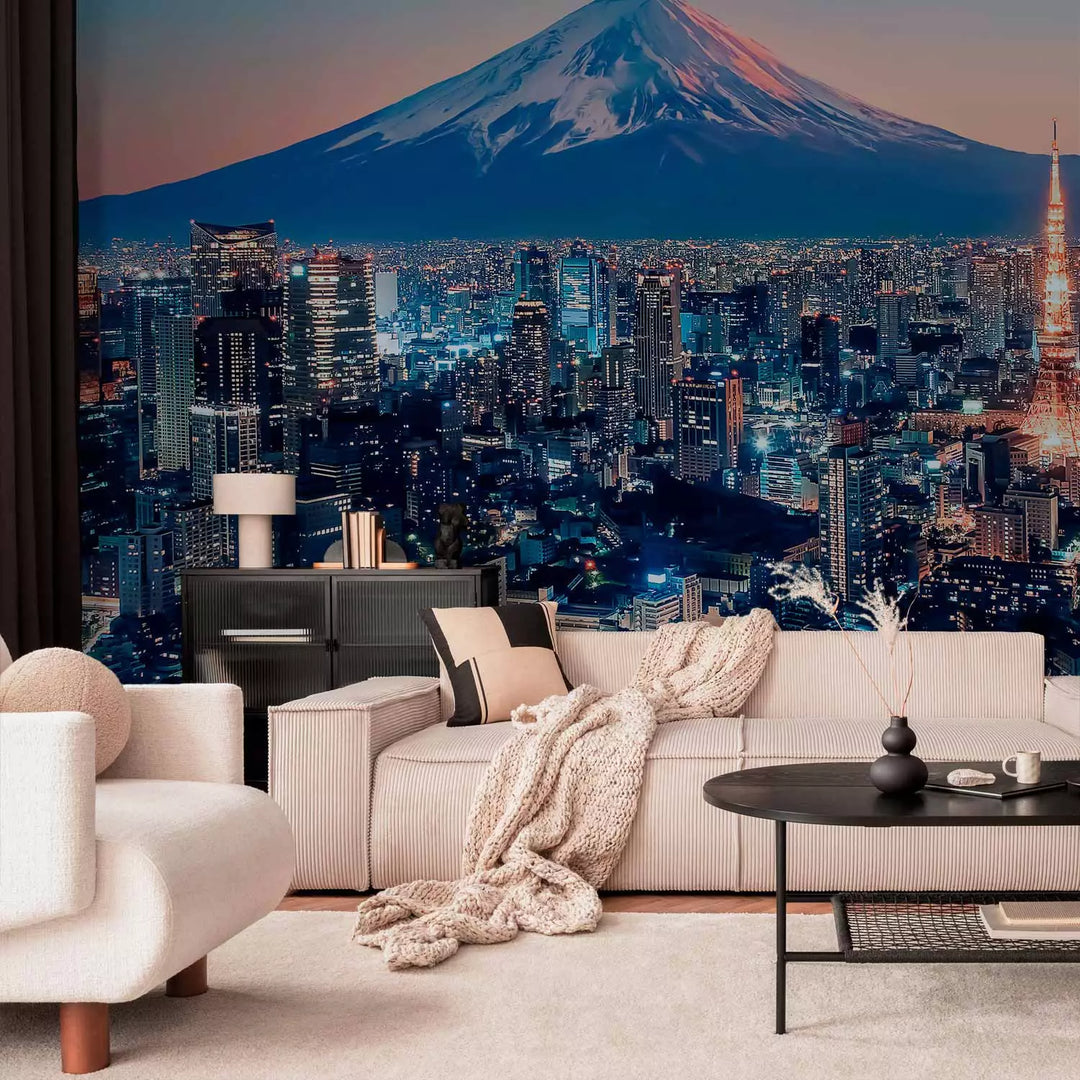 Fototapetes - Tokija saulrietā - izgaismotie debesskrāpji uz Fudzi kalna fona, 150884