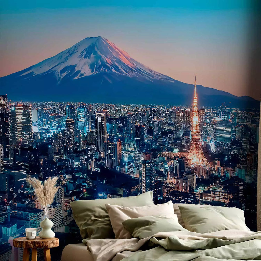Fototapetes - Tokija saulrietā - izgaismotie debesskrāpji uz Fudzi kalna fona, 150884