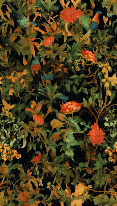 Tropiskas tapetes ar košu rakstu: ziedi, lapas un papagaiļi, 1407417 AS Creation
