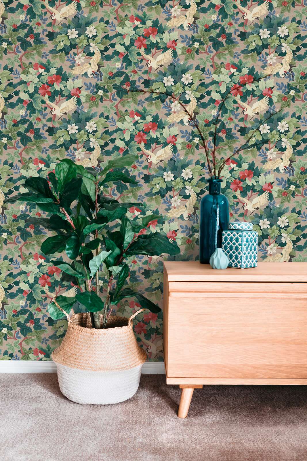 Tropical wallpapers with leaf and bird patterns for an exotic and cosy living room. SKU: 3012465, AS Creation.