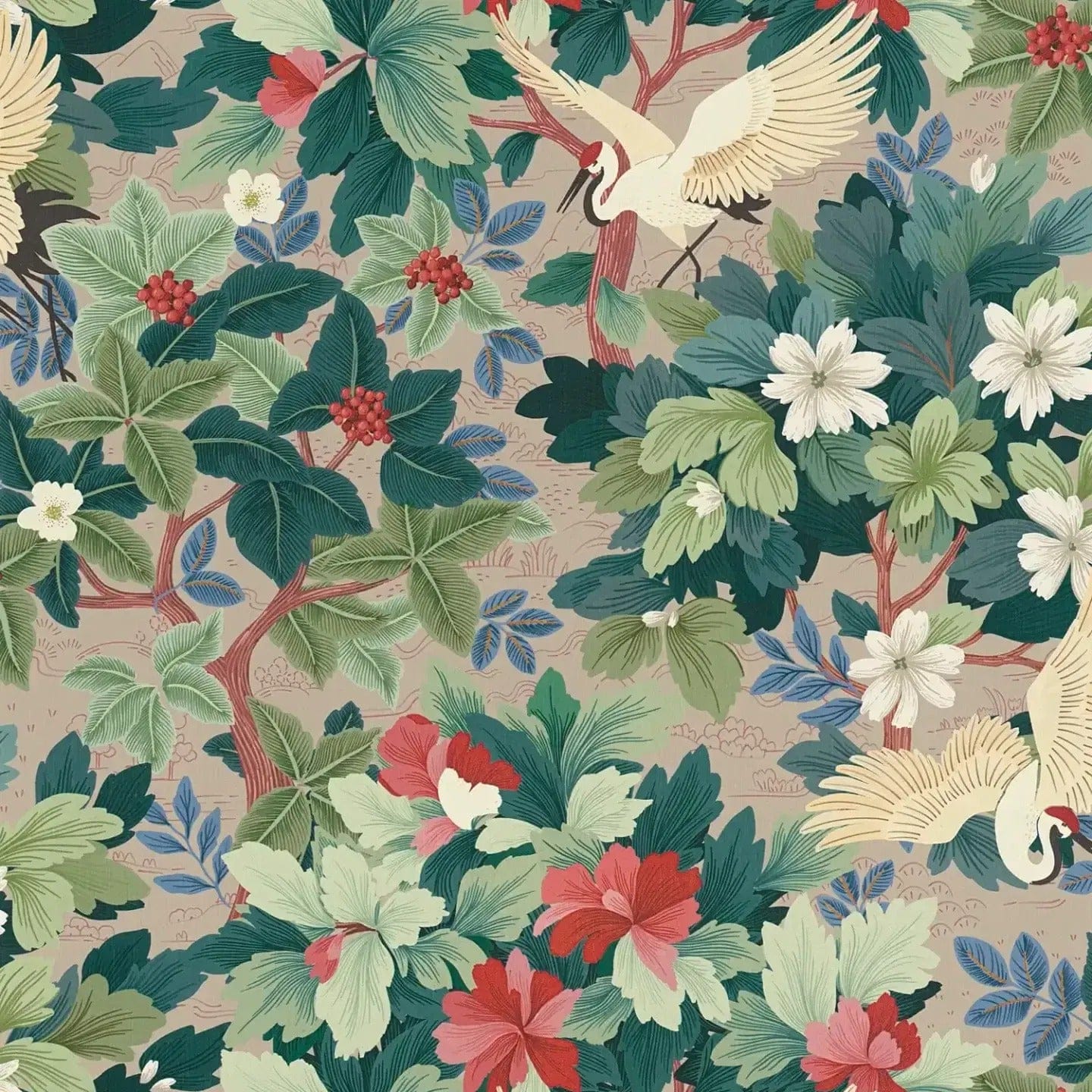 Close-up: tropical wallpaper with leaf and bird patterns, showing texture. SKU: 3012465, AS Creation.