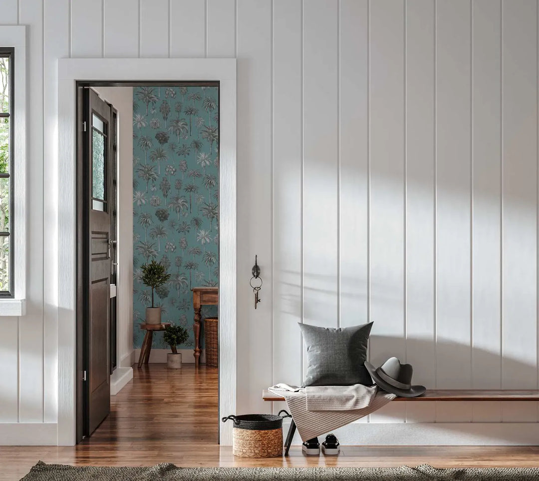 Tropu dizaina tapetes ar stilīgiem palmu kokiem - zilas - 3012242 AS Creation