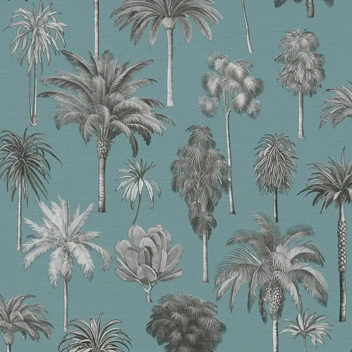 Close-up of tropical blue wallpaper with palm trees and clear textures. SKU: 3012242, AS Creation.