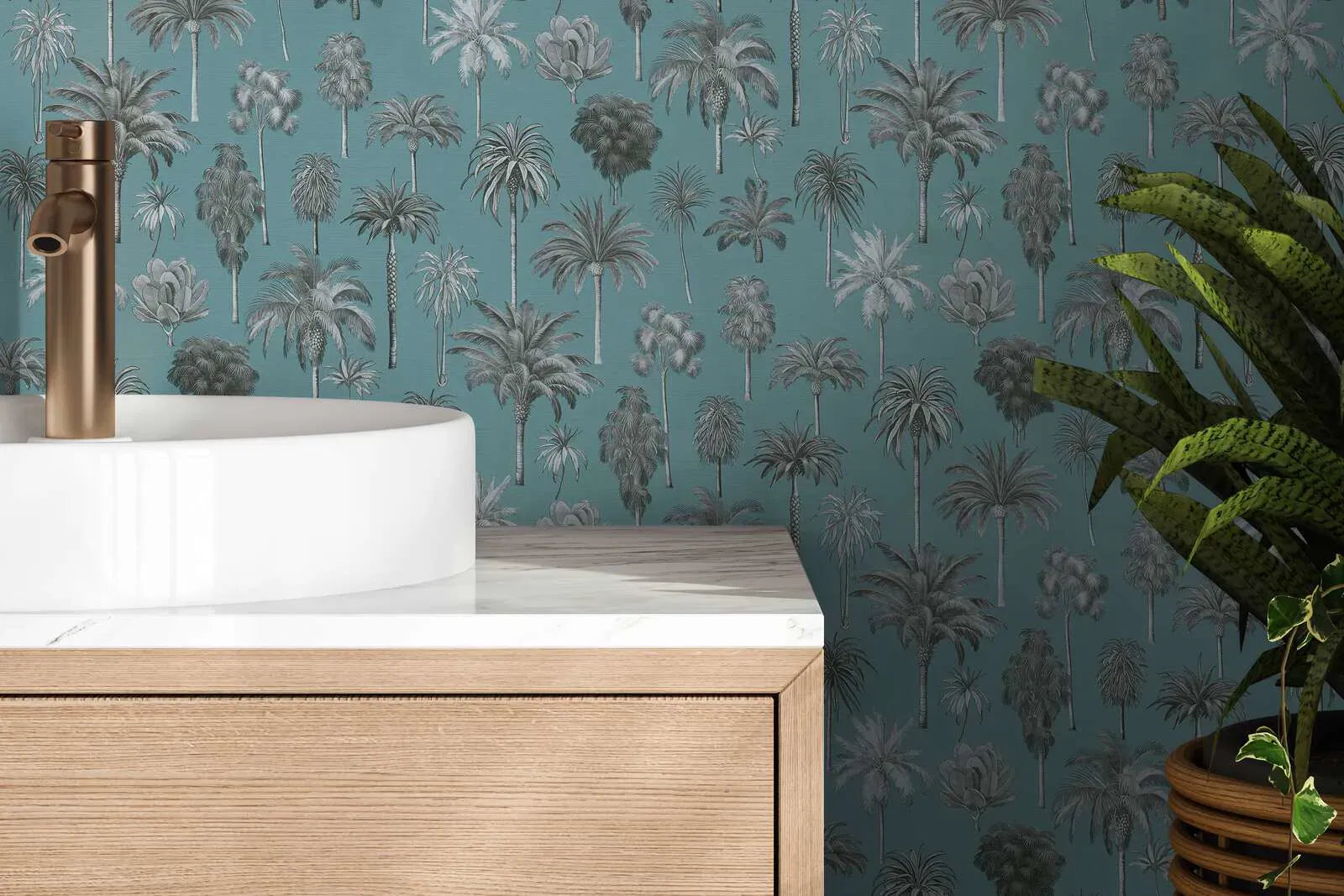 Tropical blue wallpaper with stylish palm trees in a cosy living room. SKU: 3012242, AS Creation.