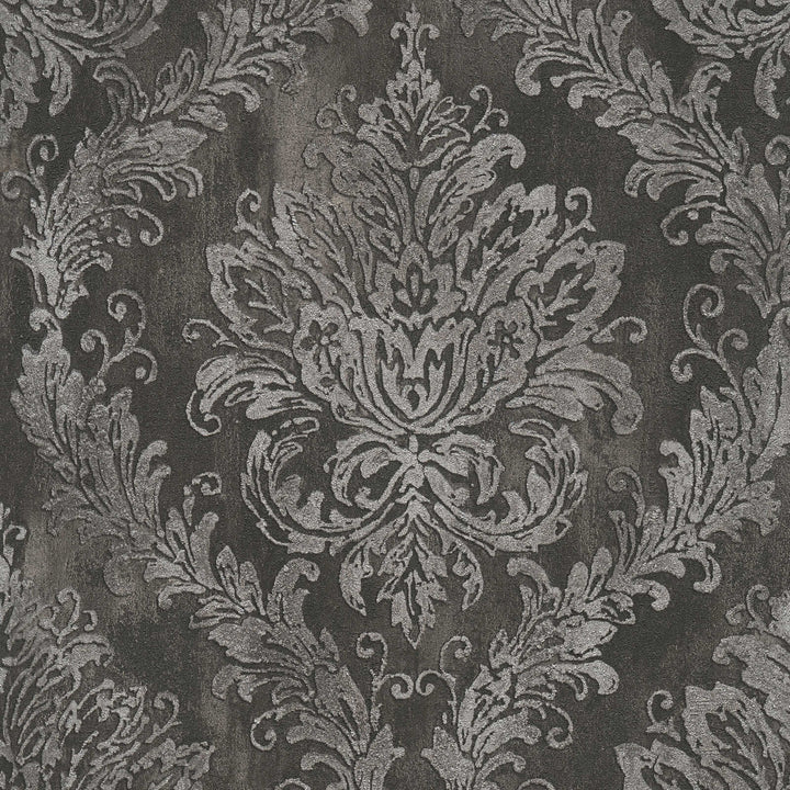 Dark gray wallpaper with a classic damask ornament, close-up