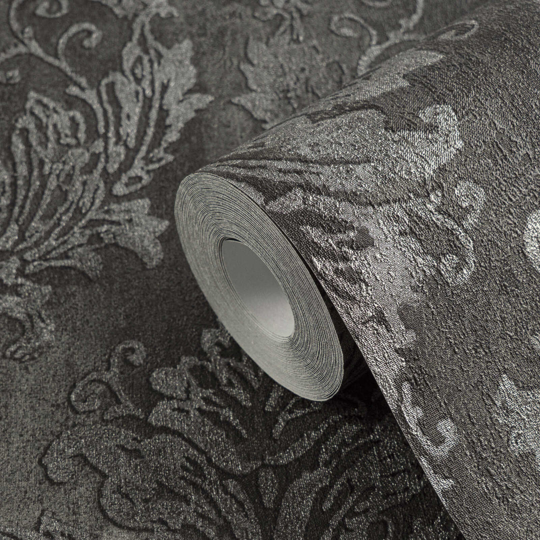 Dark gray non-woven wallpaper with a silvery damask pattern and slight gloss, 3007740