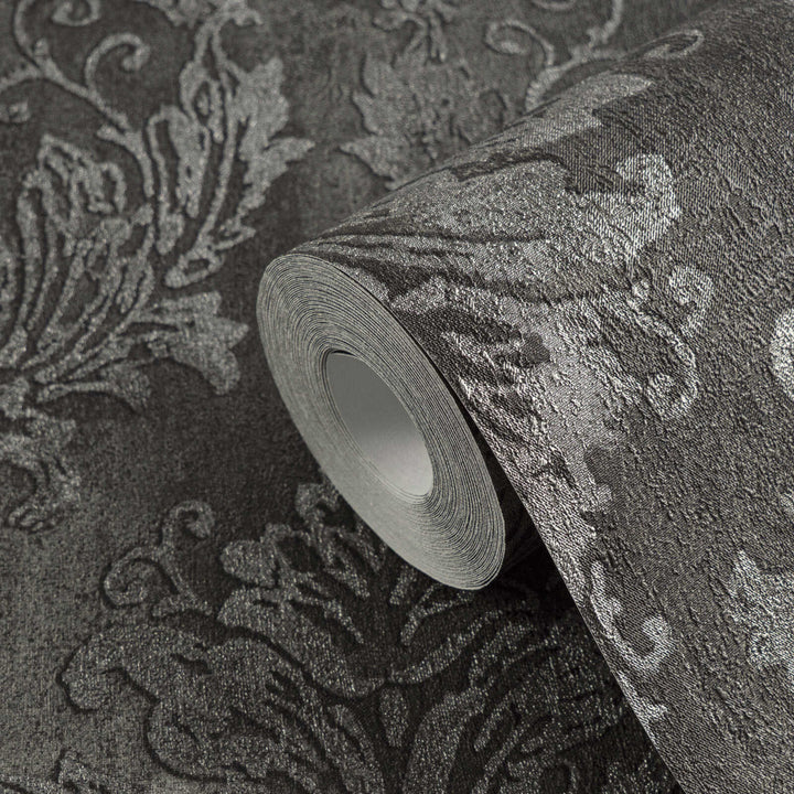 Dark gray non-woven wallpaper with a silvery damask pattern and slight gloss, 3007740
