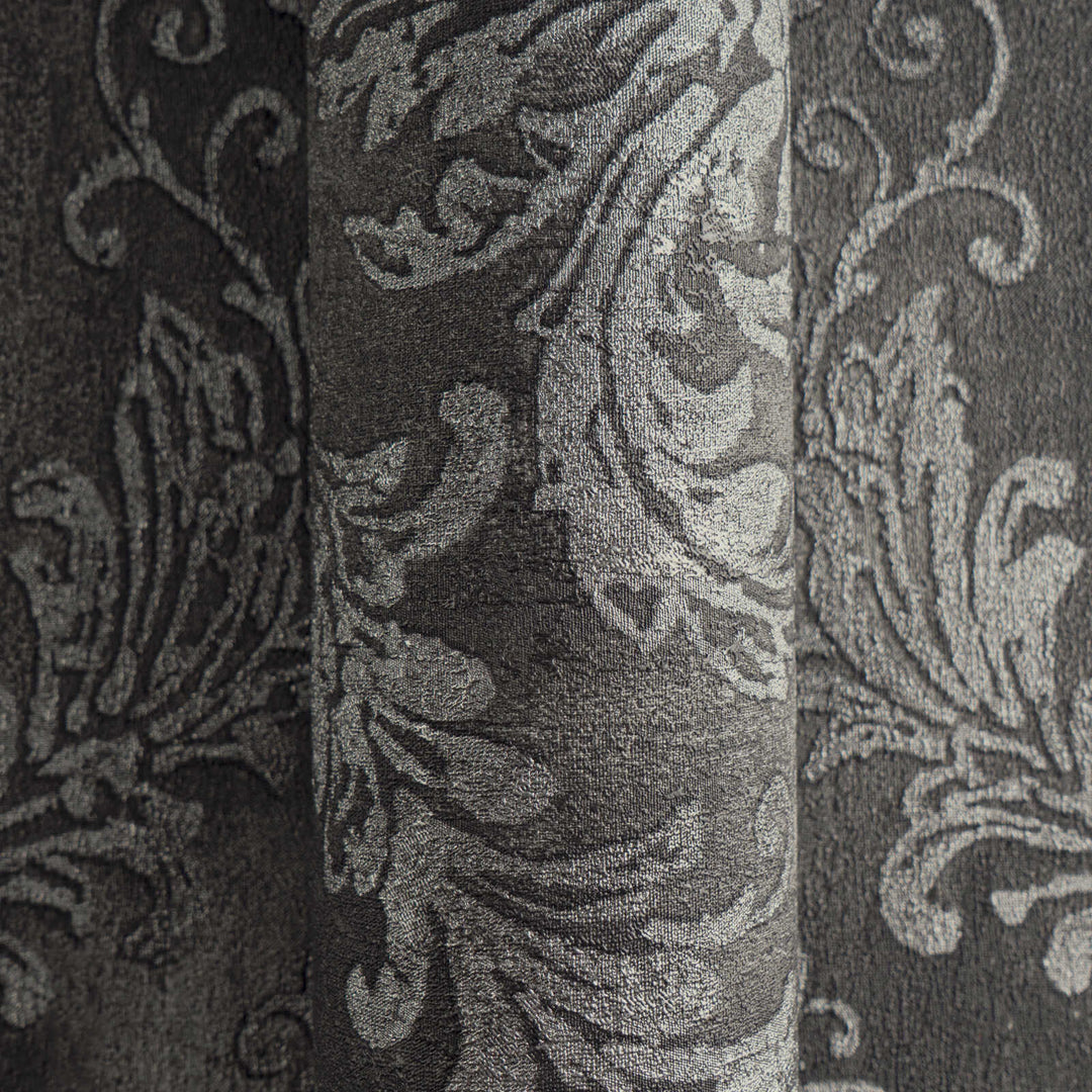 Dark gray non-woven wallpaper with a silvery damask pattern and slight gloss, 3007740