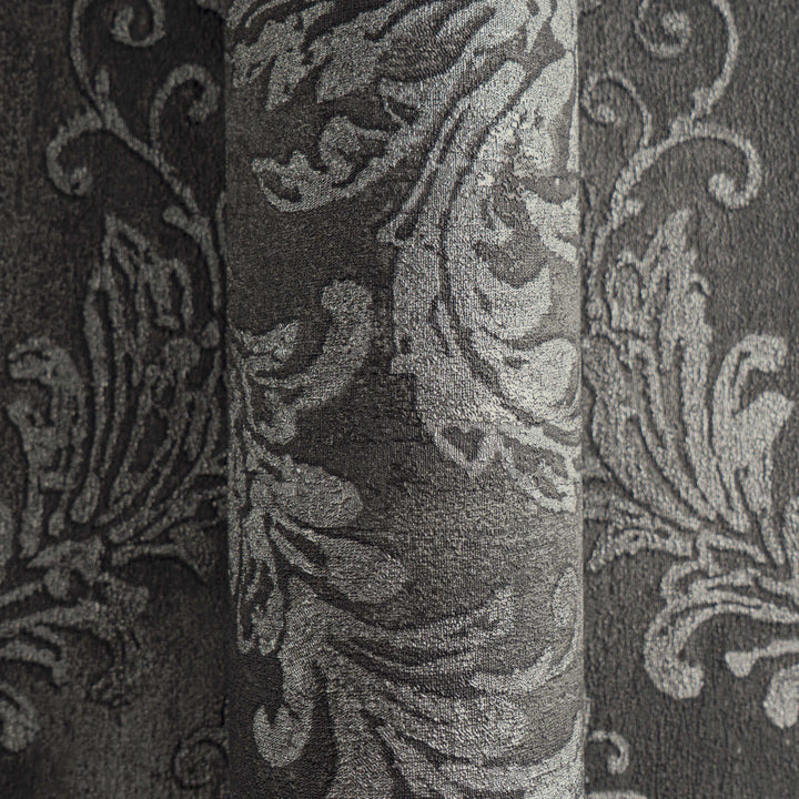 Dark gray non-woven wallpaper with a silvery damask pattern and slight gloss, 3007740