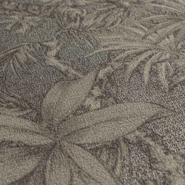 Dark taupe non-woven wallpaper with a matte botanical pattern and glossy background, 3007711