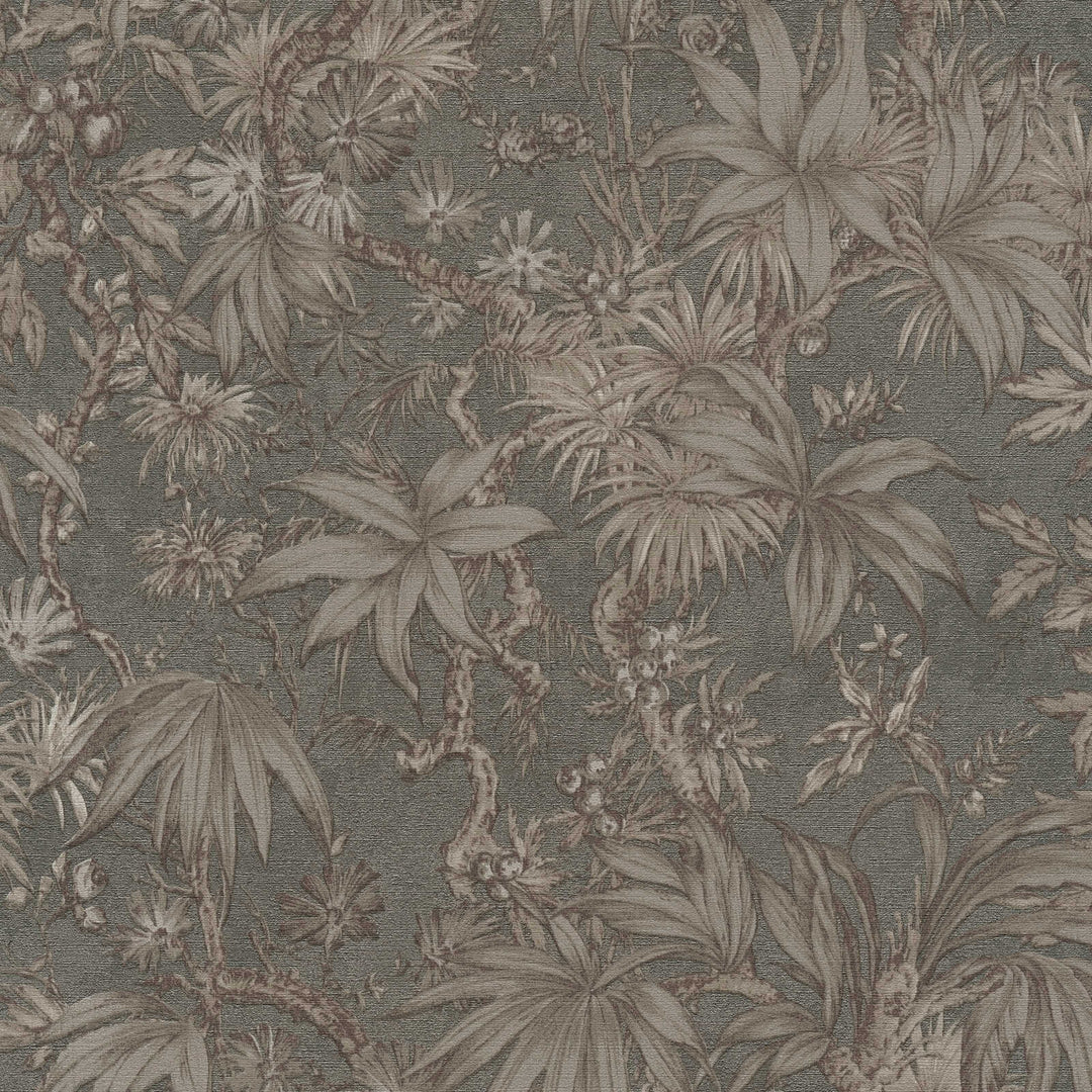 Dark grayish-brown wallpaper with a delicate drawing of tropical plants and branches, close-up