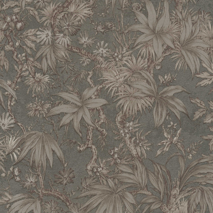 Dark grayish-brown wallpaper with a delicate drawing of tropical plants and branches, close-up