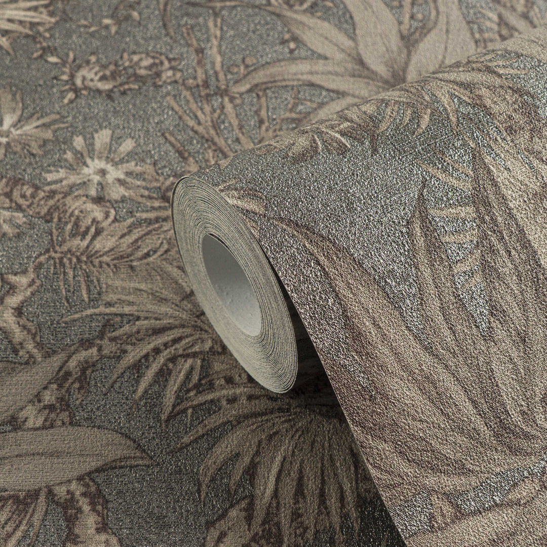 Dark taupe non-woven wallpaper with a matte botanical pattern and glossy background, 3007711