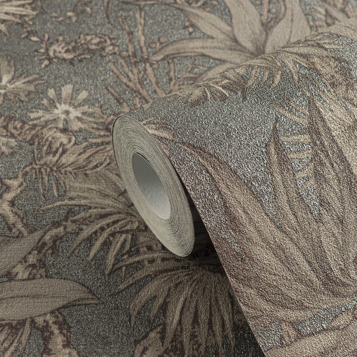 Dark taupe non-woven wallpaper with a matte botanical pattern and glossy background, 3007711