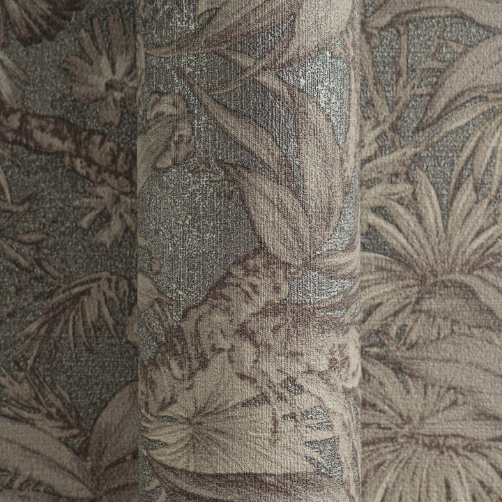 Dark taupe non-woven wallpaper with a matte botanical pattern and glossy background, 3007711