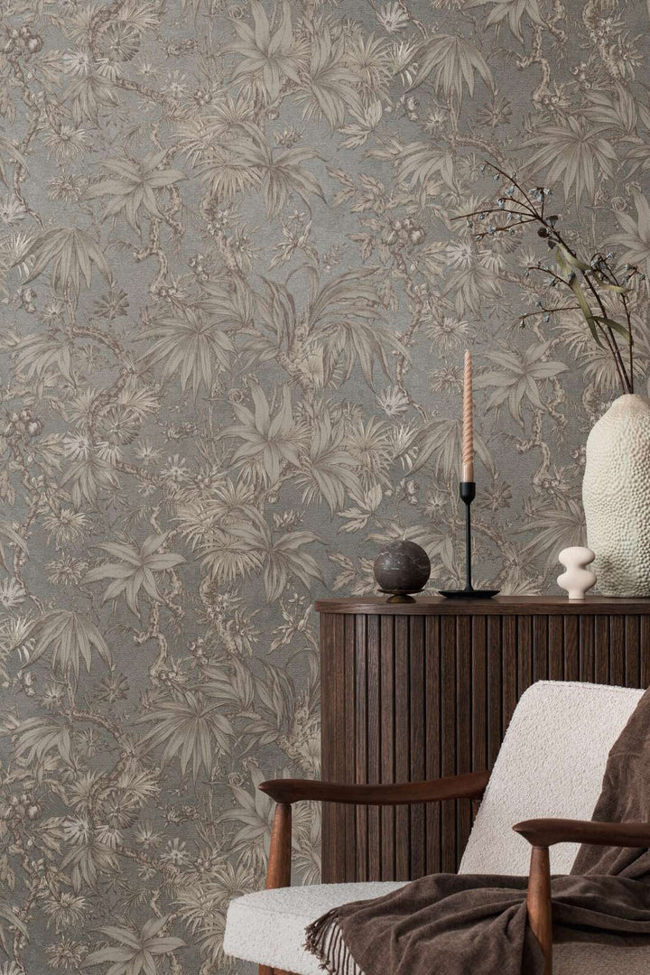 Dark taupe non-woven wallpaper with a matte botanical pattern and glossy background, 3007711