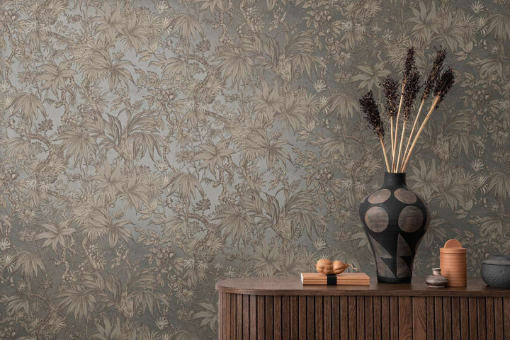 Dark taupe non-woven wallpaper with a matte botanical pattern and glossy background, 3007711