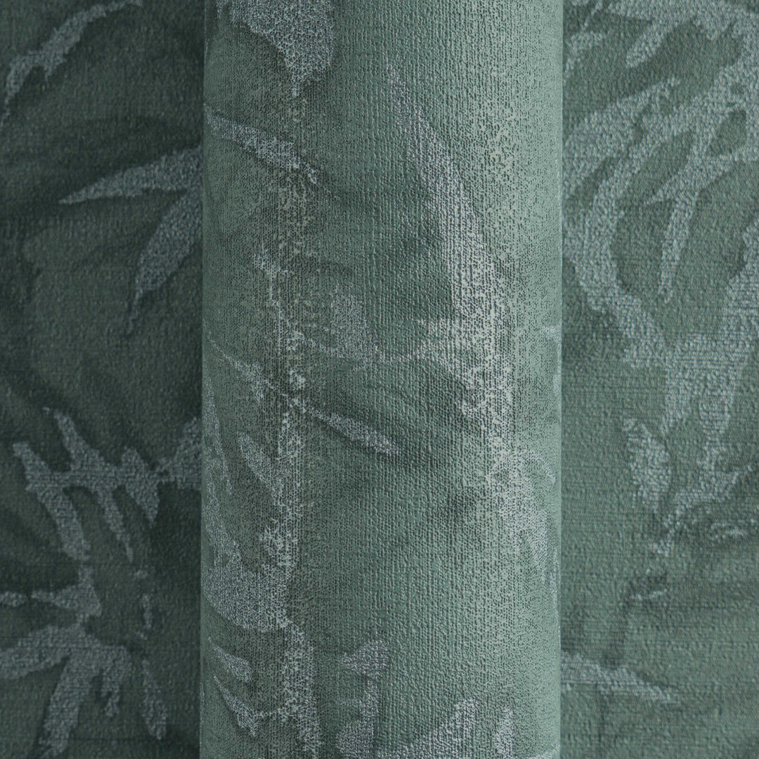 Dark green non-woven wallpaper with a botanical bamboo leaf pattern and silvery gloss, 3007701