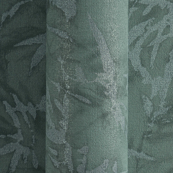 Dark green non-woven wallpaper with a botanical bamboo leaf pattern and silvery gloss, 3007701