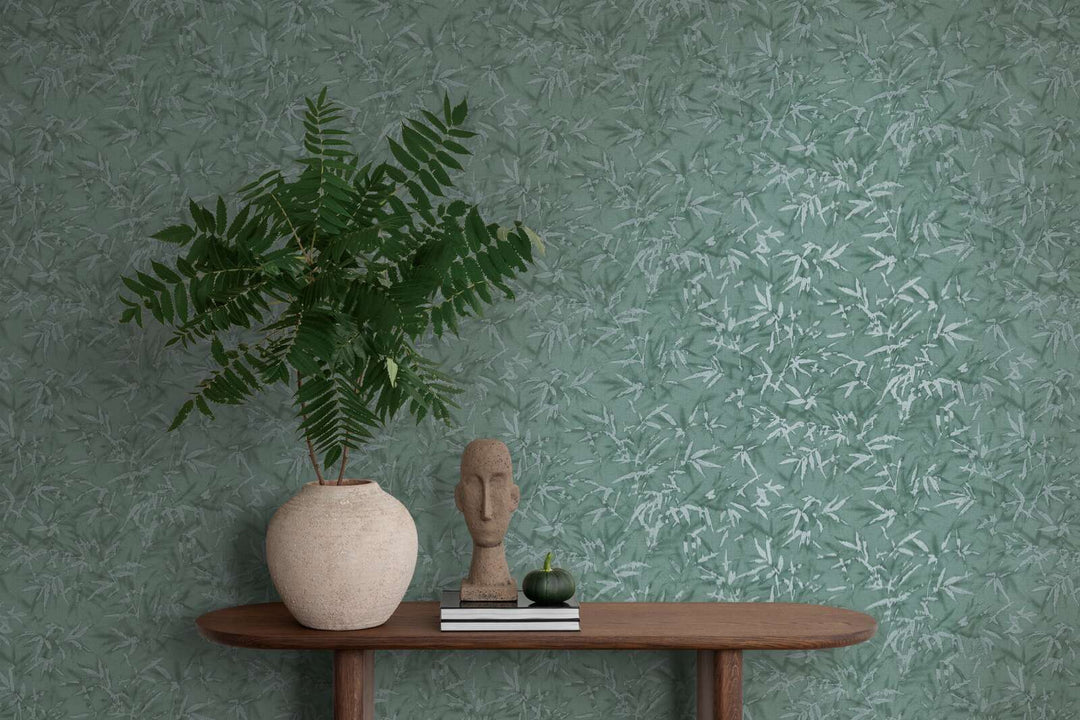 Dark green non-woven wallpaper with a botanical bamboo leaf pattern and silvery gloss, 3007701