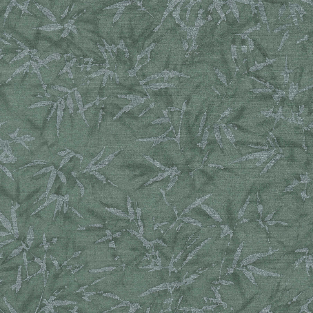 Green wallpaper with a delicate bamboo leaf pattern, close-up