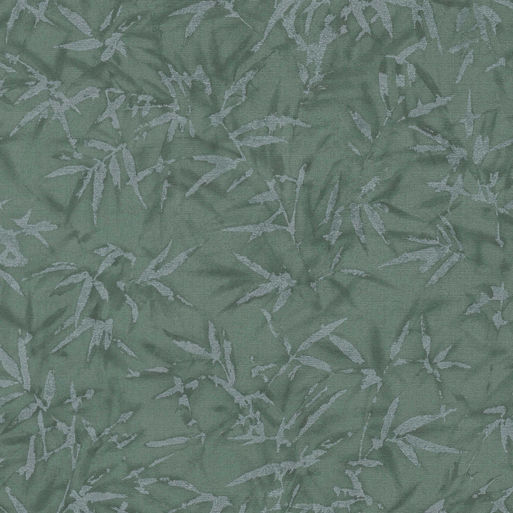 Green wallpaper with a delicate bamboo leaf pattern, close-up