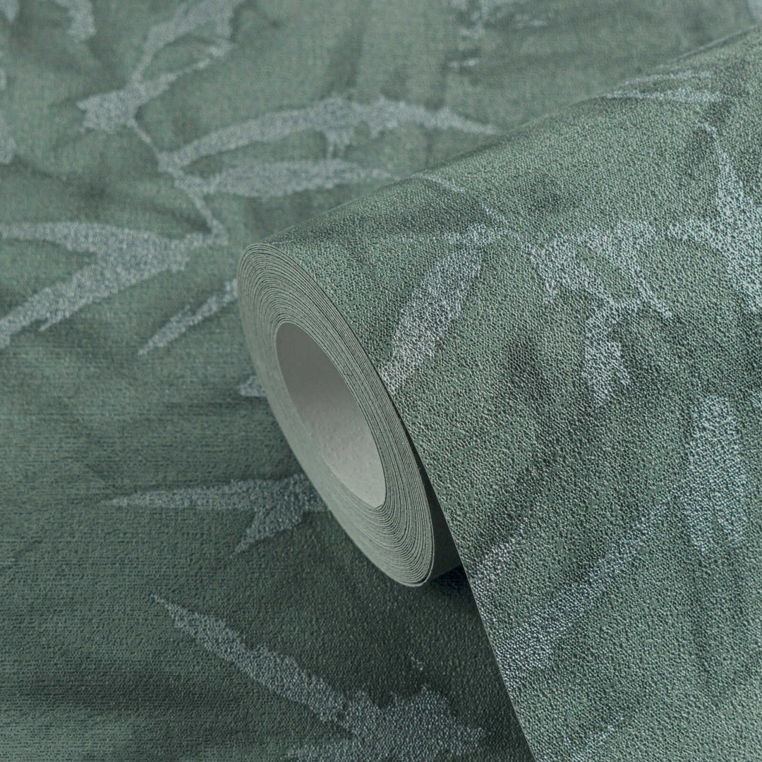 Dark green non-woven wallpaper with a botanical bamboo leaf pattern and silvery gloss, 3007701