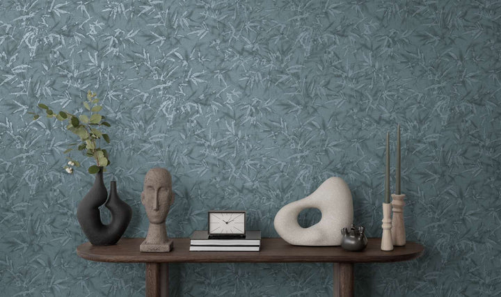 Dark blue non-woven wallpaper with a botanical bamboo leaf pattern and silvery gloss, 3007702