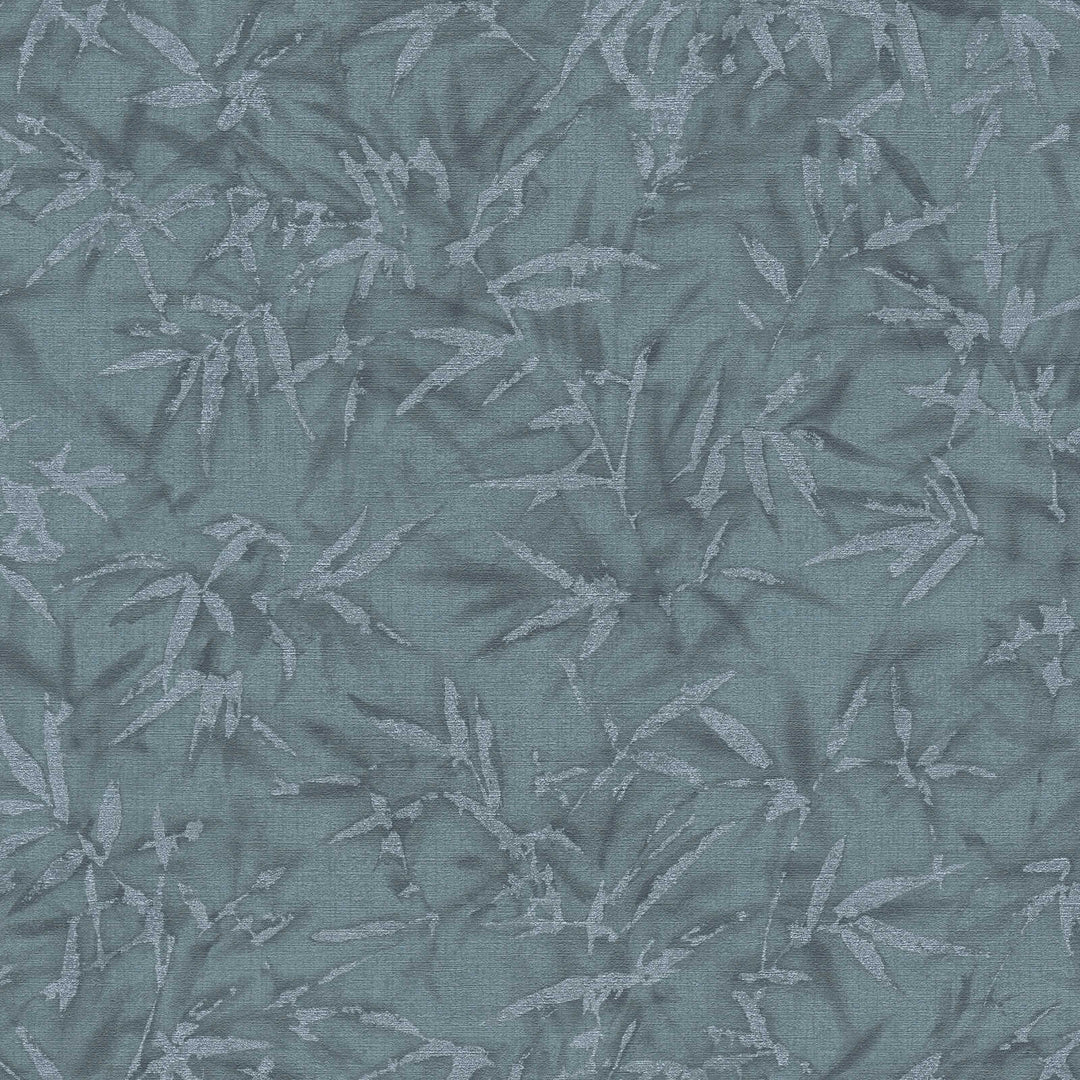 Teal wallpaper with a delicate bamboo leaf pattern, close-up