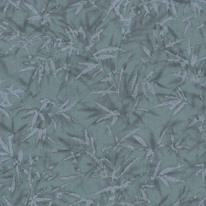 Teal wallpaper with a delicate bamboo leaf pattern, close-up