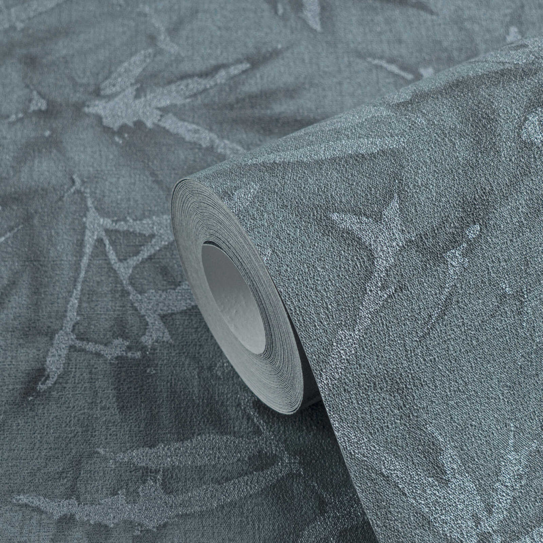 Dark blue non-woven wallpaper with a botanical bamboo leaf pattern and silvery gloss, 3007702