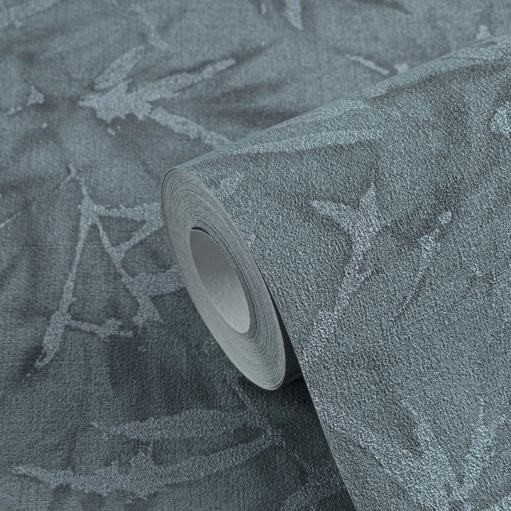 Dark blue non-woven wallpaper with a botanical bamboo leaf pattern and silvery gloss, 3007702