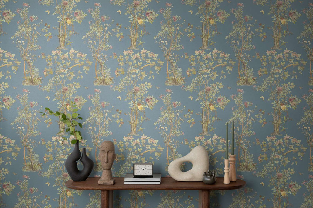 Dark blue non-woven wallpaper with a classic botanical pattern and slight gloss, 3007642