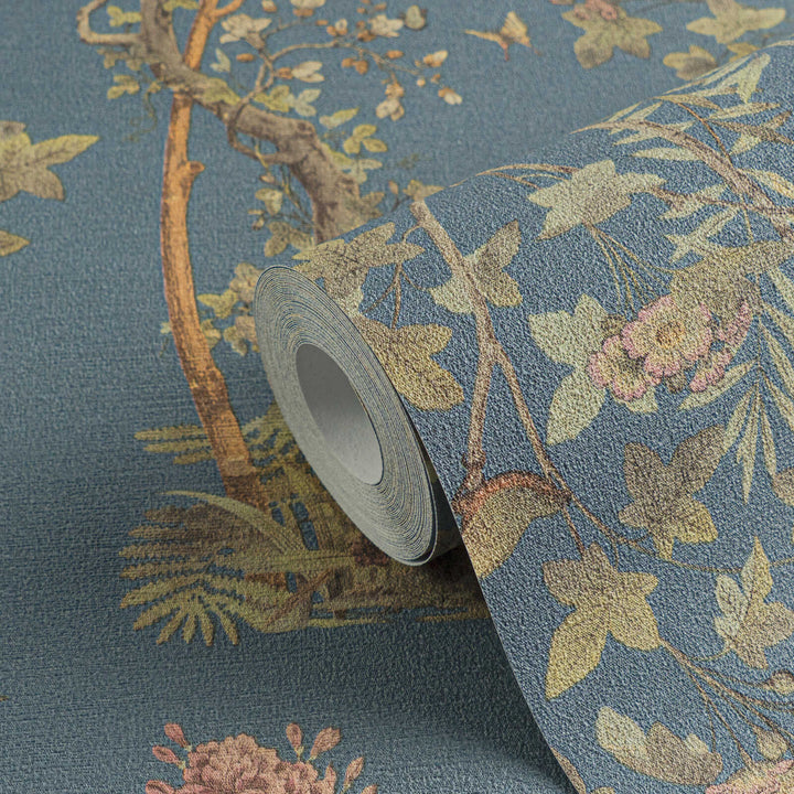 Dark blue non-woven wallpaper with a classic botanical pattern and slight gloss, 3007642