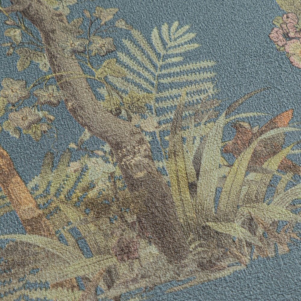 Dark blue non-woven wallpaper with a classic botanical pattern and slight gloss, 3007642