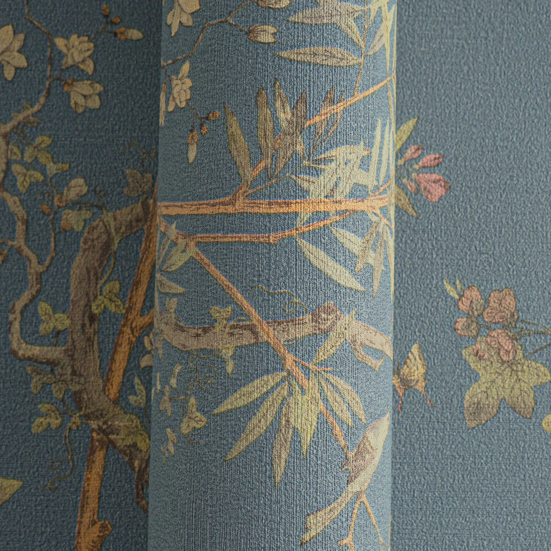 Dark blue non-woven wallpaper with a classic botanical pattern and slight gloss, 3007642