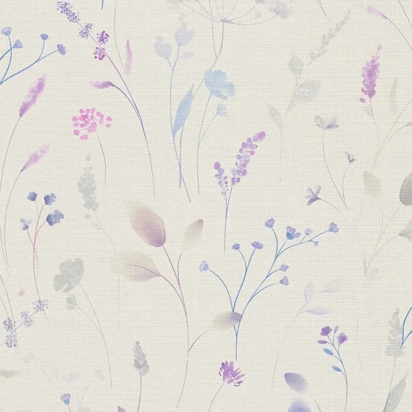 Detalizēts skats: baltas un violetas tapetes ar ziediem un augu tekstūru. SKU: 3012226, AS Creation.