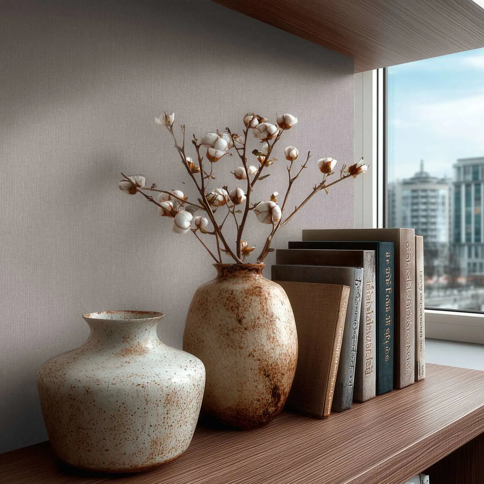 Grey Plain wallpapers with a natural canvas look in a modern living room. SKU: 3007127, AS Creation.