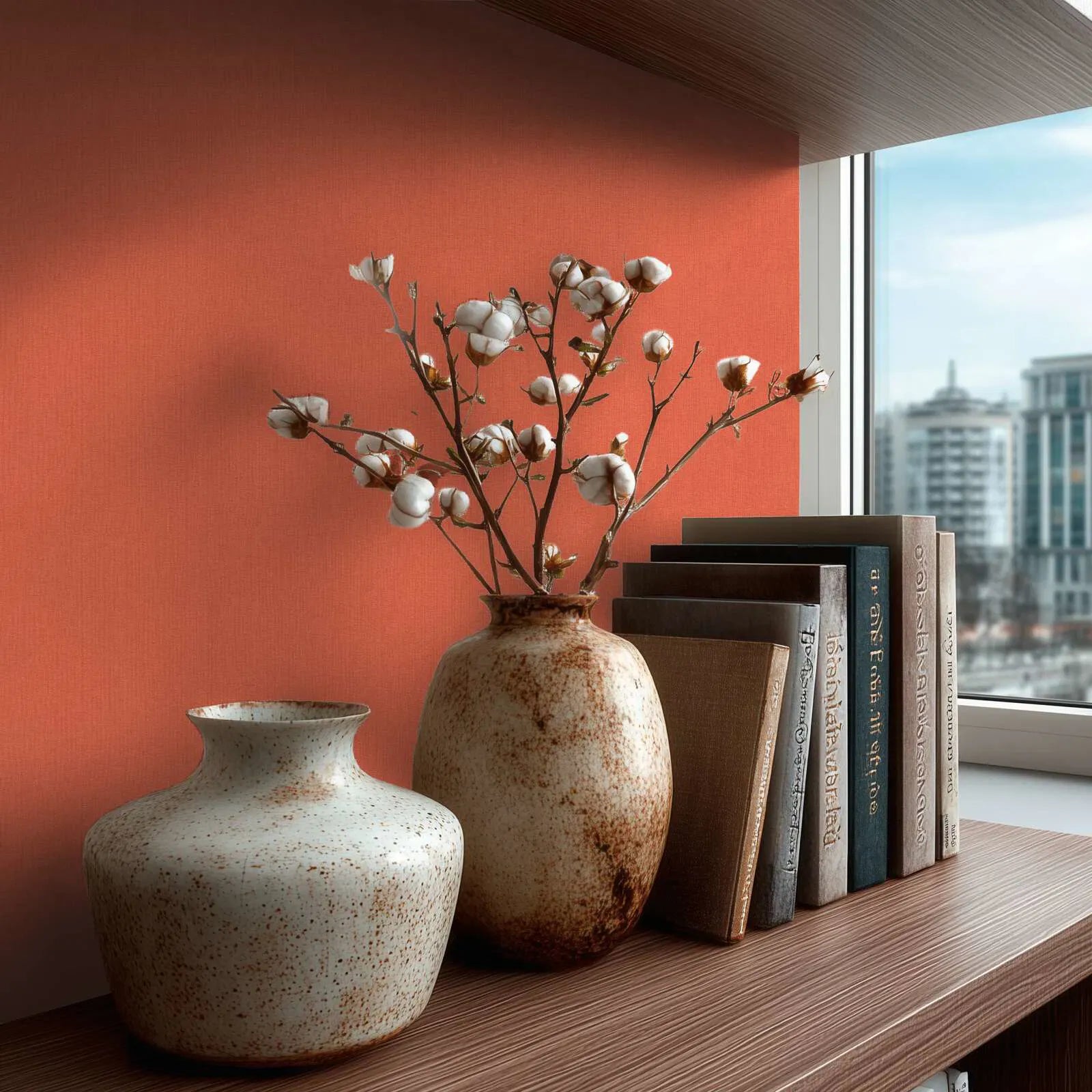 Terracotta-toned wallpaper with a natural canvas look for a warm living room interior. SKU: 3007132, AS Creation.