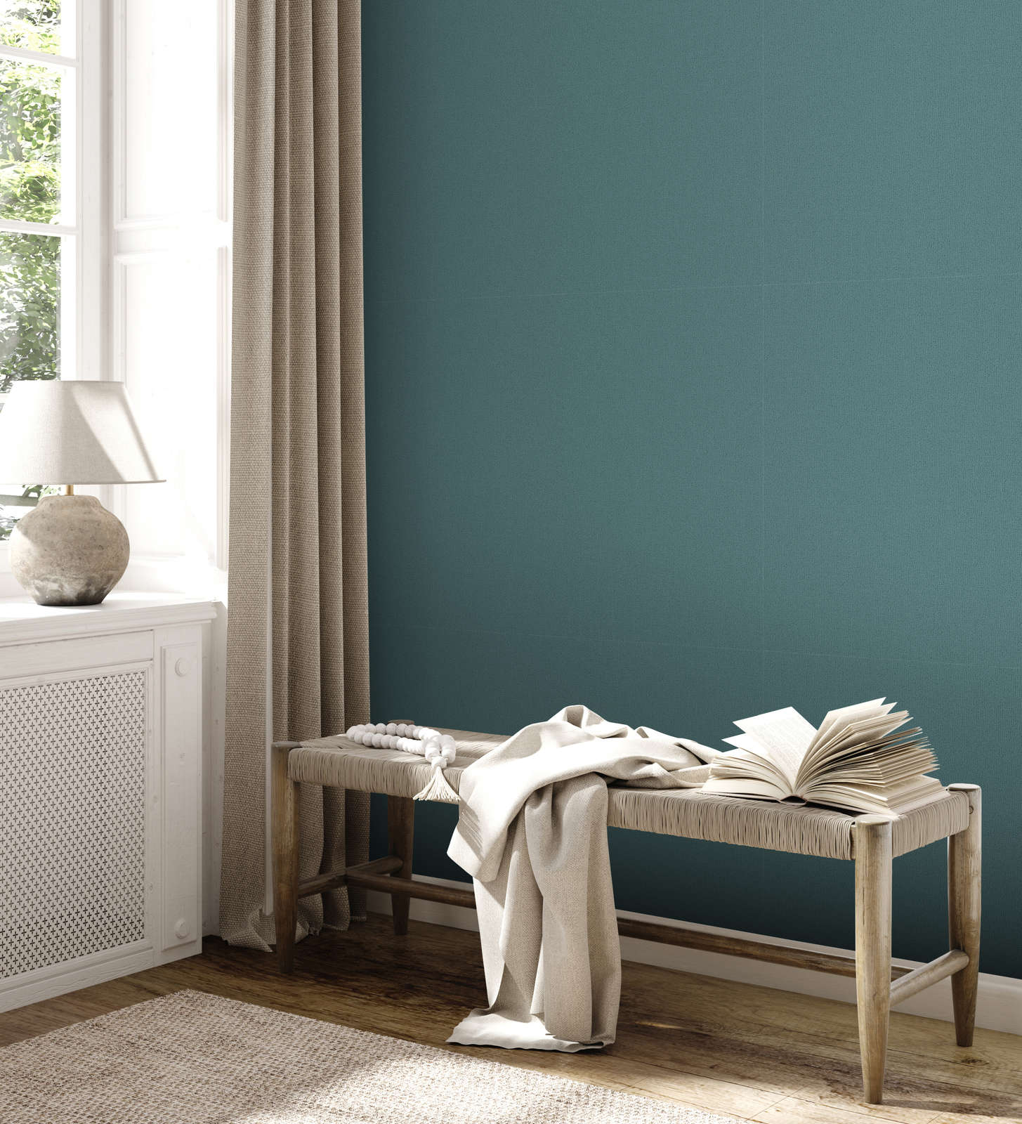 Vienkrāsainas tapetes ar lina izskatu: tumši zaļā krāsā, AS 390399 AS Creation