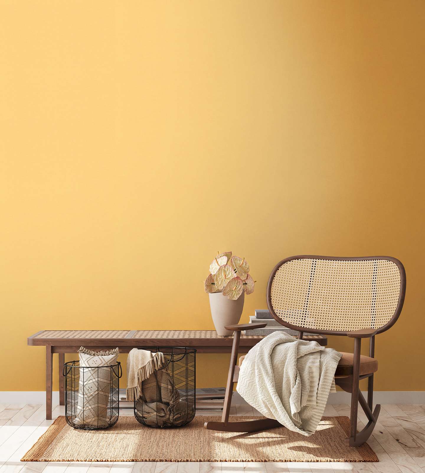 Vienkrāsainas tapetes ar lina tekstūru: dzeltenā krāsā,  389036 AS Creation