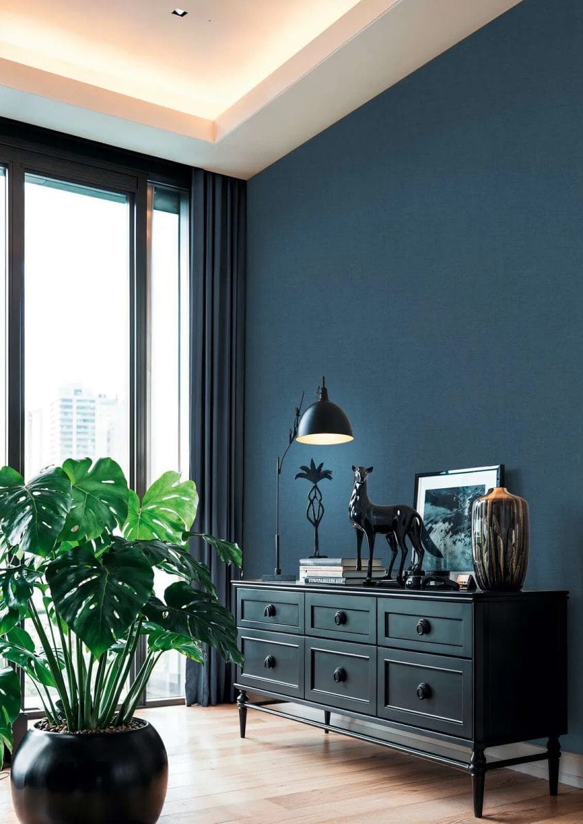 Dark blue Plain wallpapers with subtle texture in a bold living room interior. SKU: 3012152, AS Creation.
