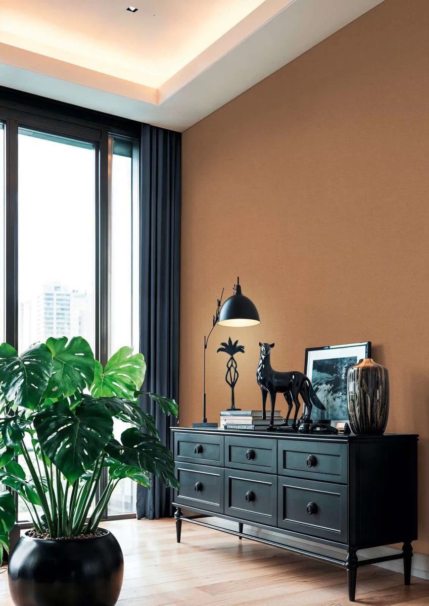 Bruno Plain wallpapers with a subtle texture in a classic living room. SKU: 3012153, AS Creation.